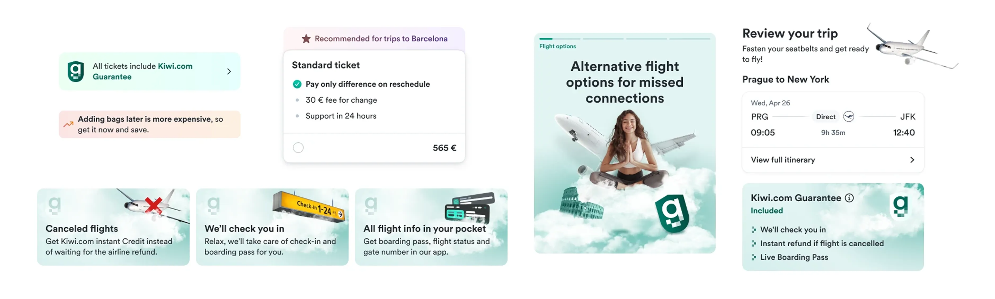 Kiwi.com interface components and content patterns for guarantees, ticket selection and trip review