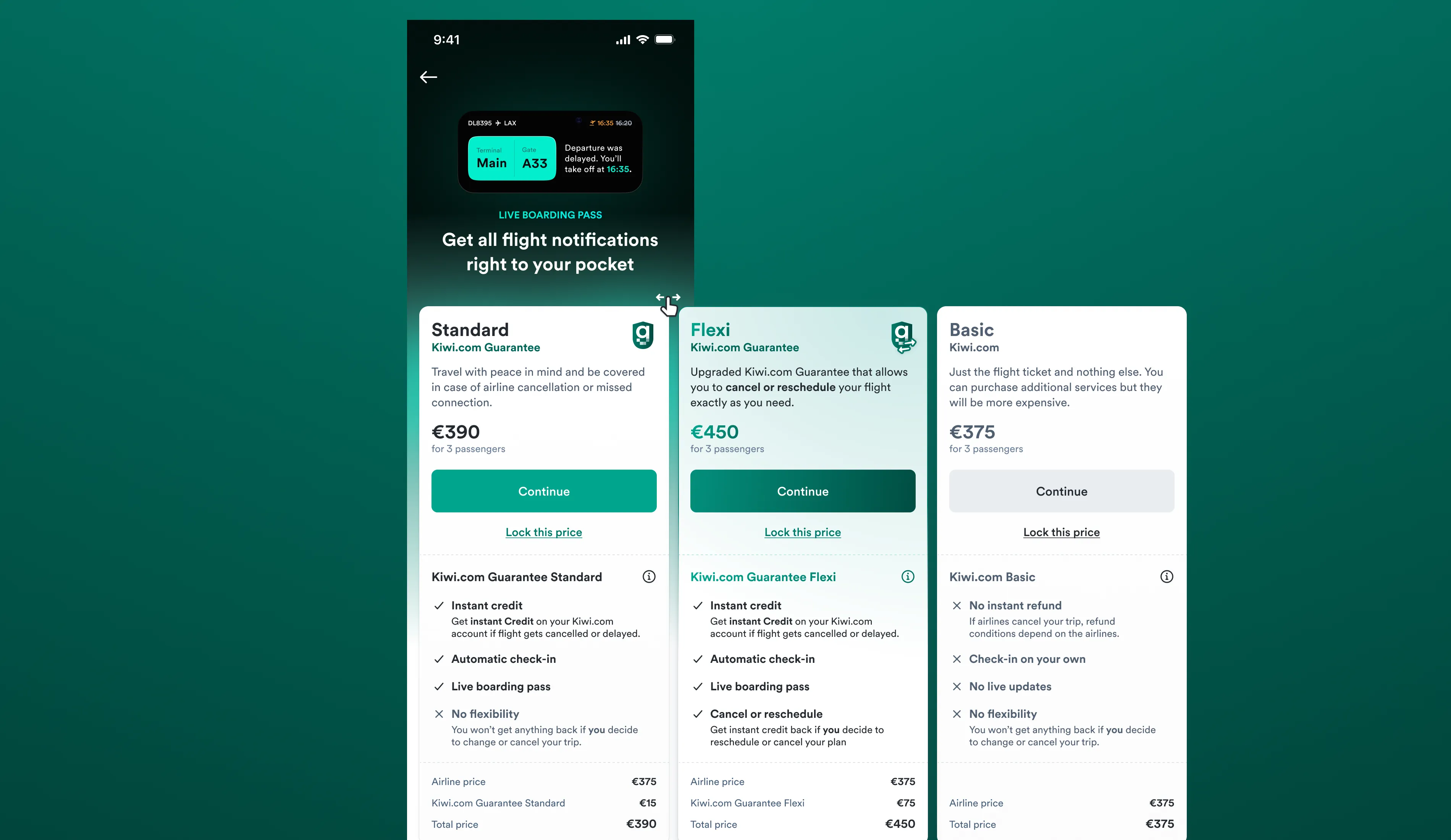 Kiwi.com fare selection comparing Standard, Flexi and Basic ticket options