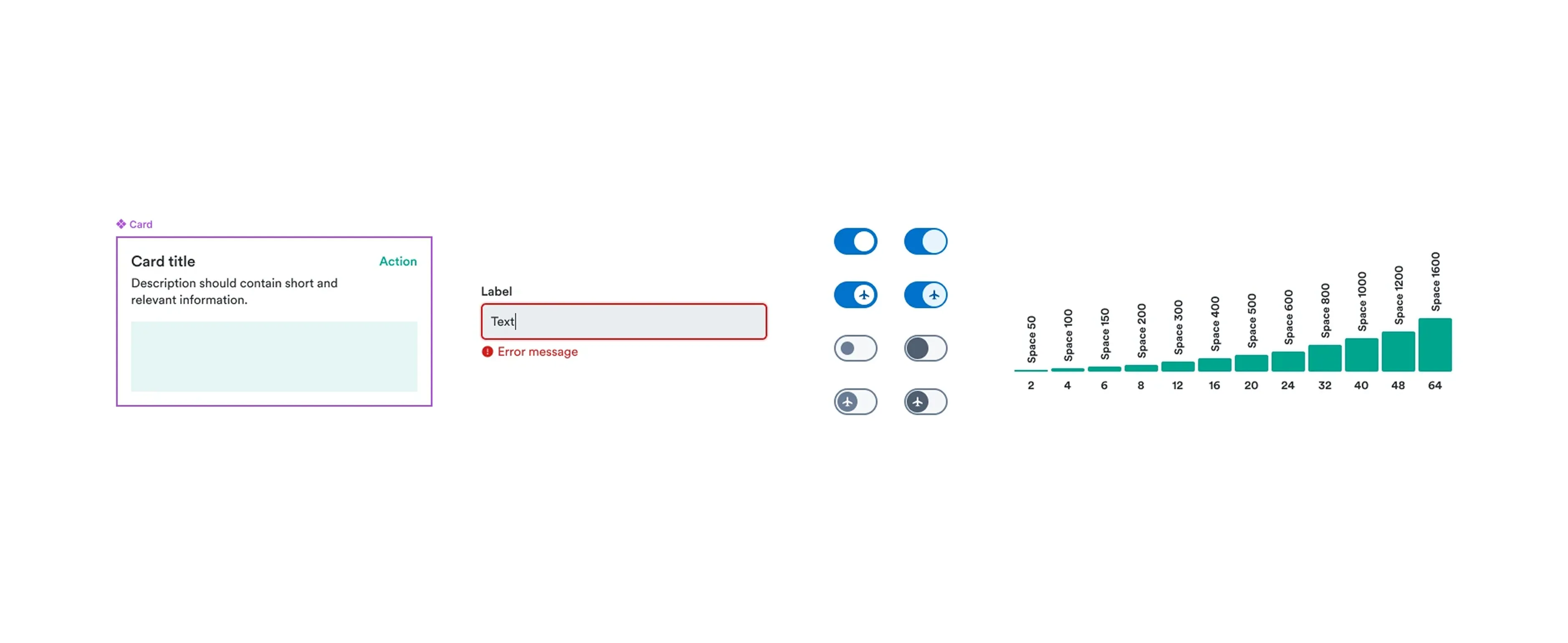 Examples from the Orbit design system, including a card, form field, switches and spacing scale