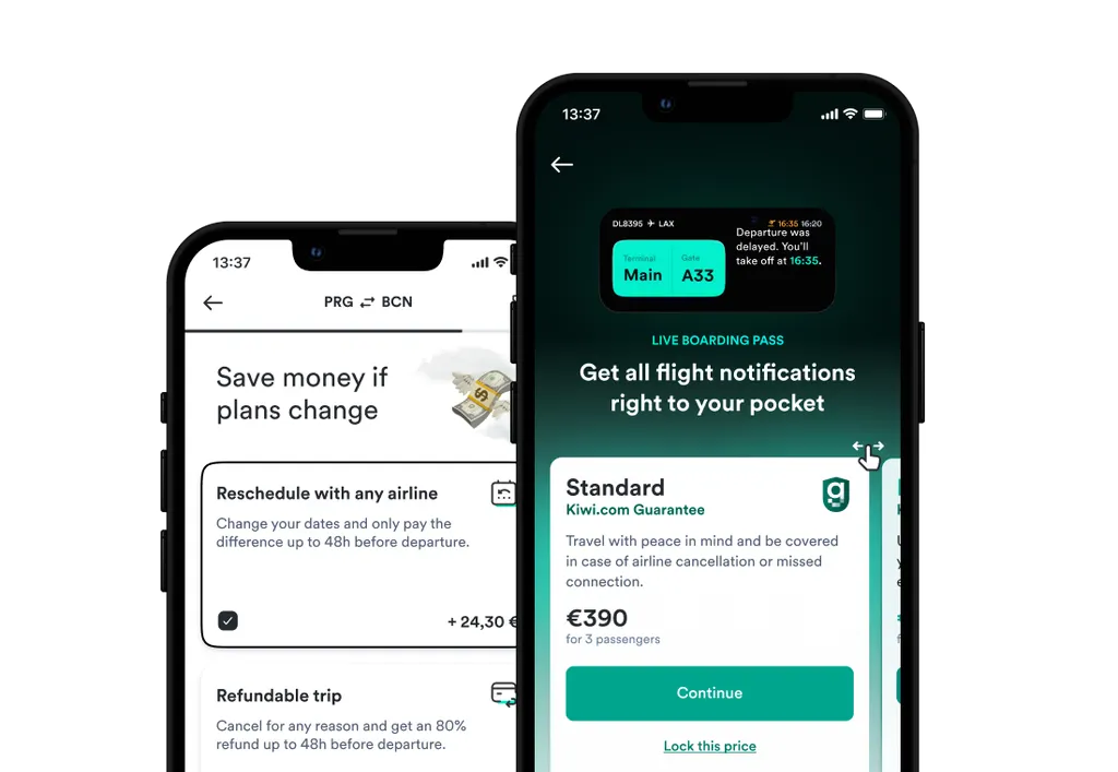 Kiwi.com mobile booking interface