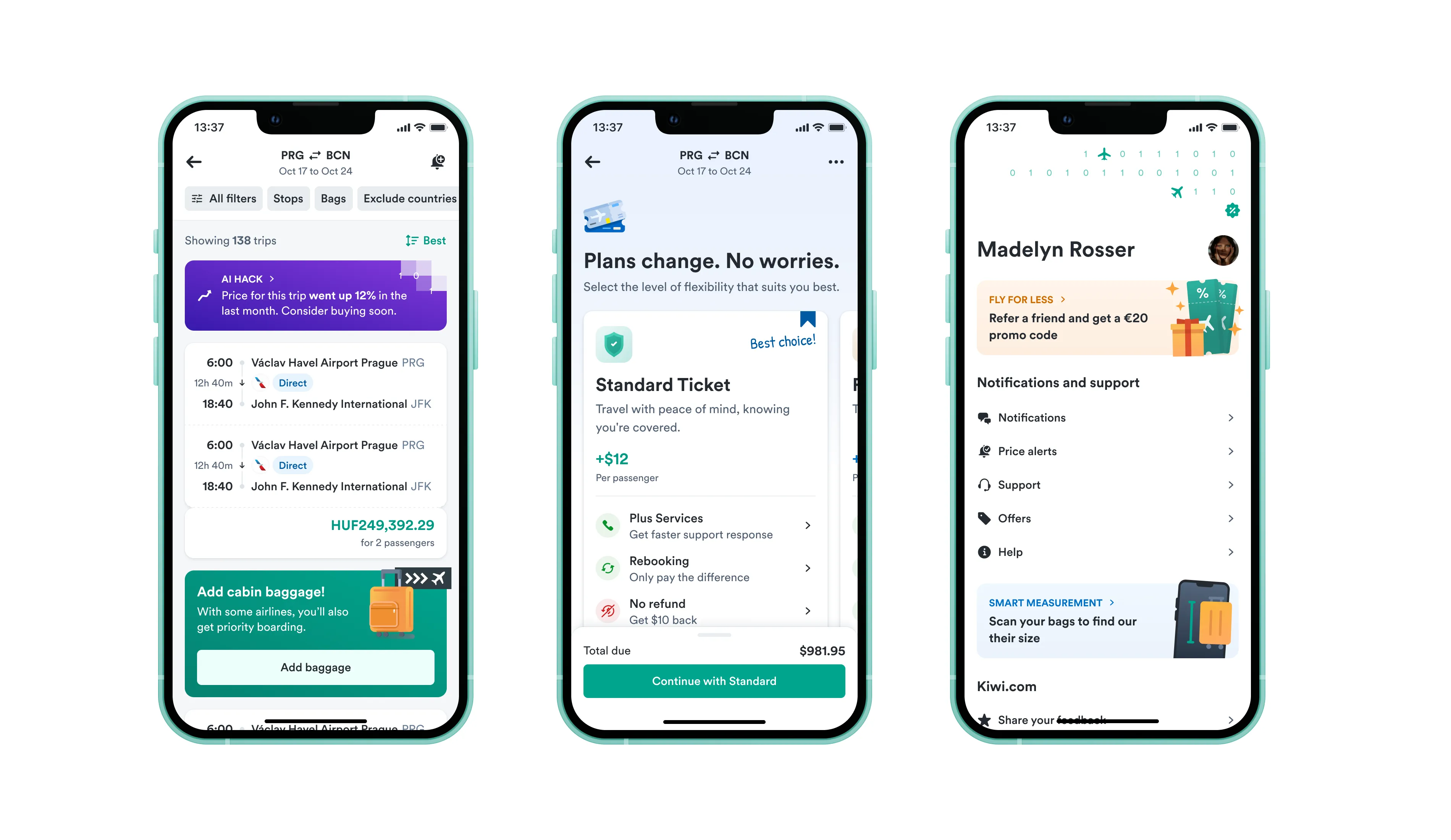 Refreshed Kiwi.com mobile screens for search results, ticket fare selection and account management