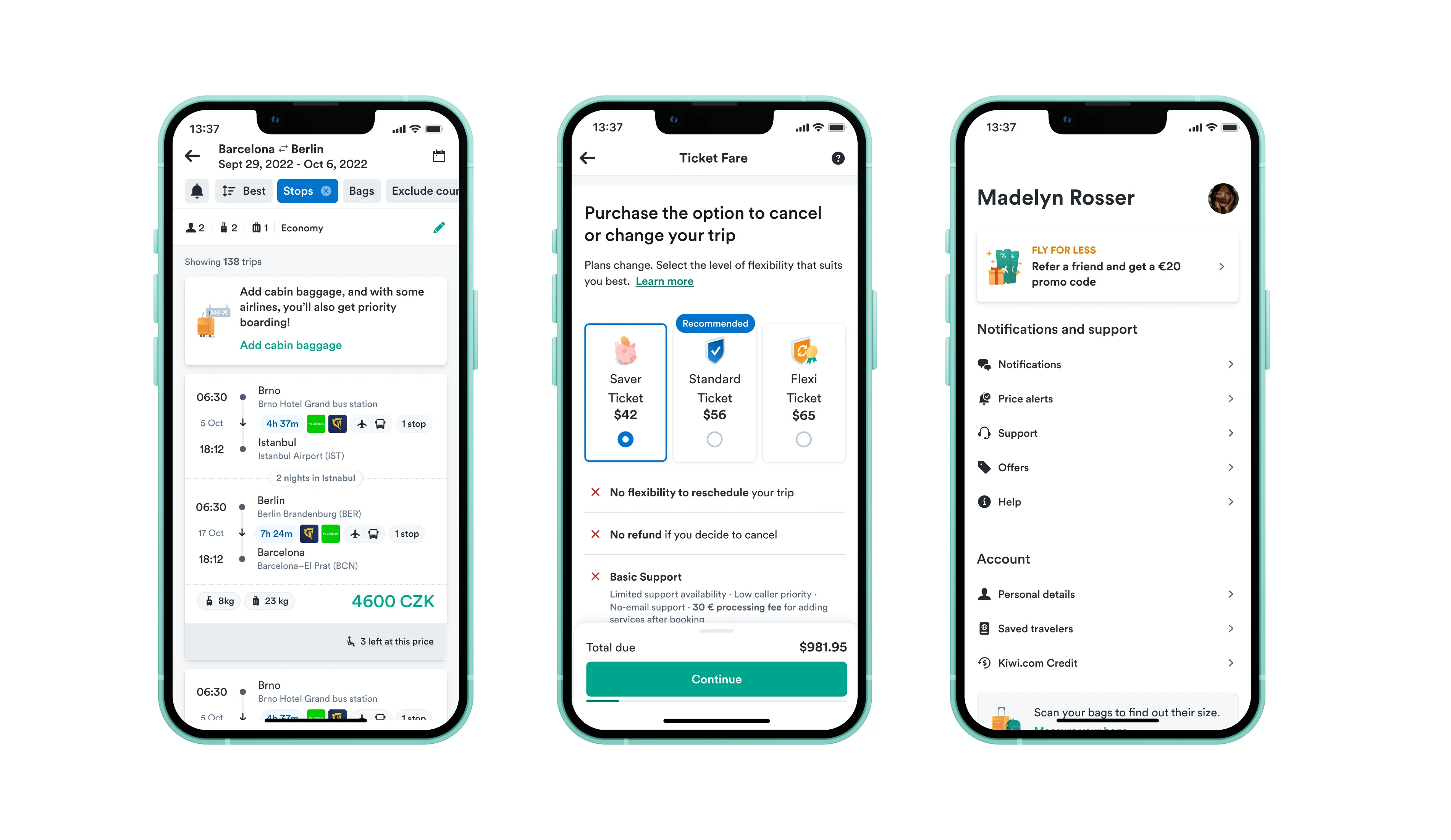 Earlier Kiwi.com mobile screens for search results, ticket fare selection and account management