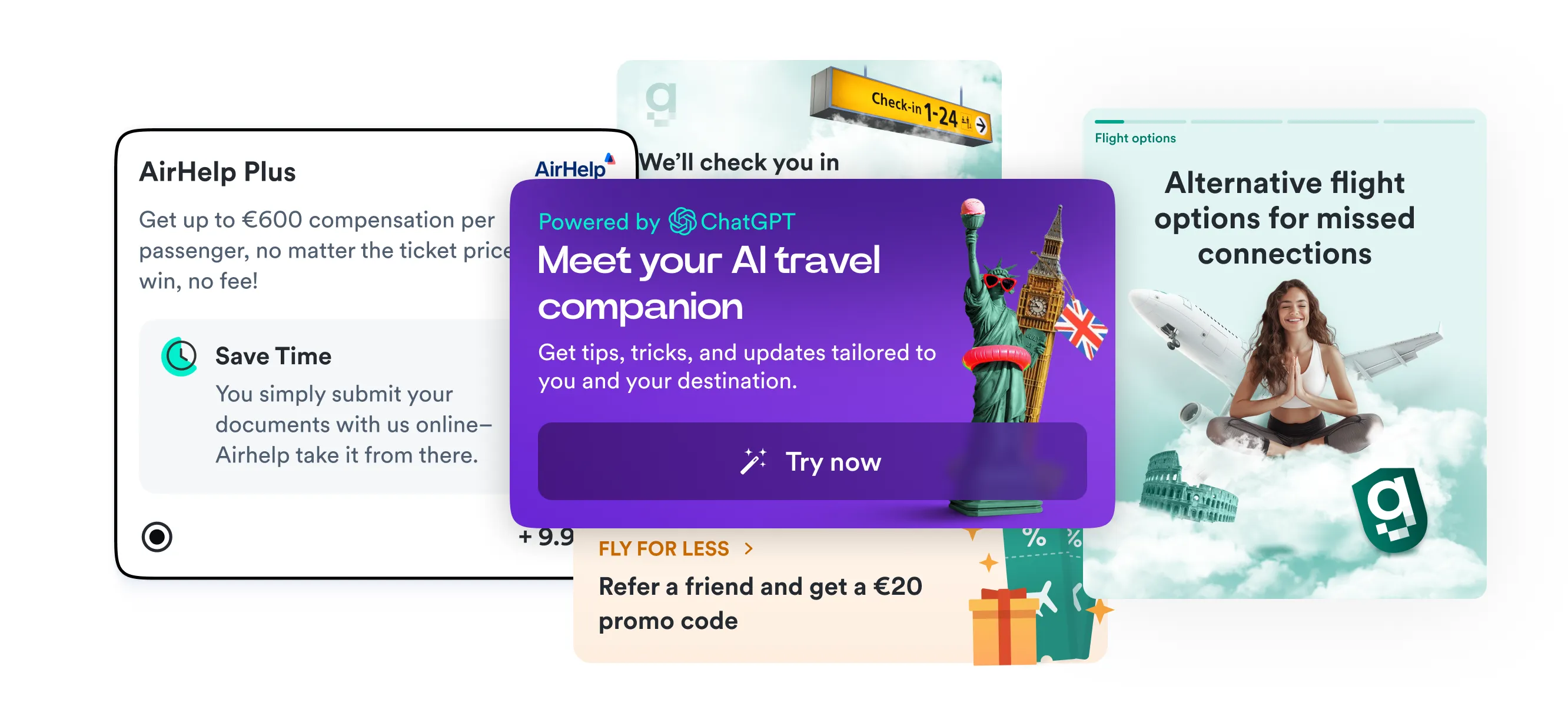 A collage of new Kiwi.com service concepts, including compensation, automatic check-in, an AI travel companion and alternative flights