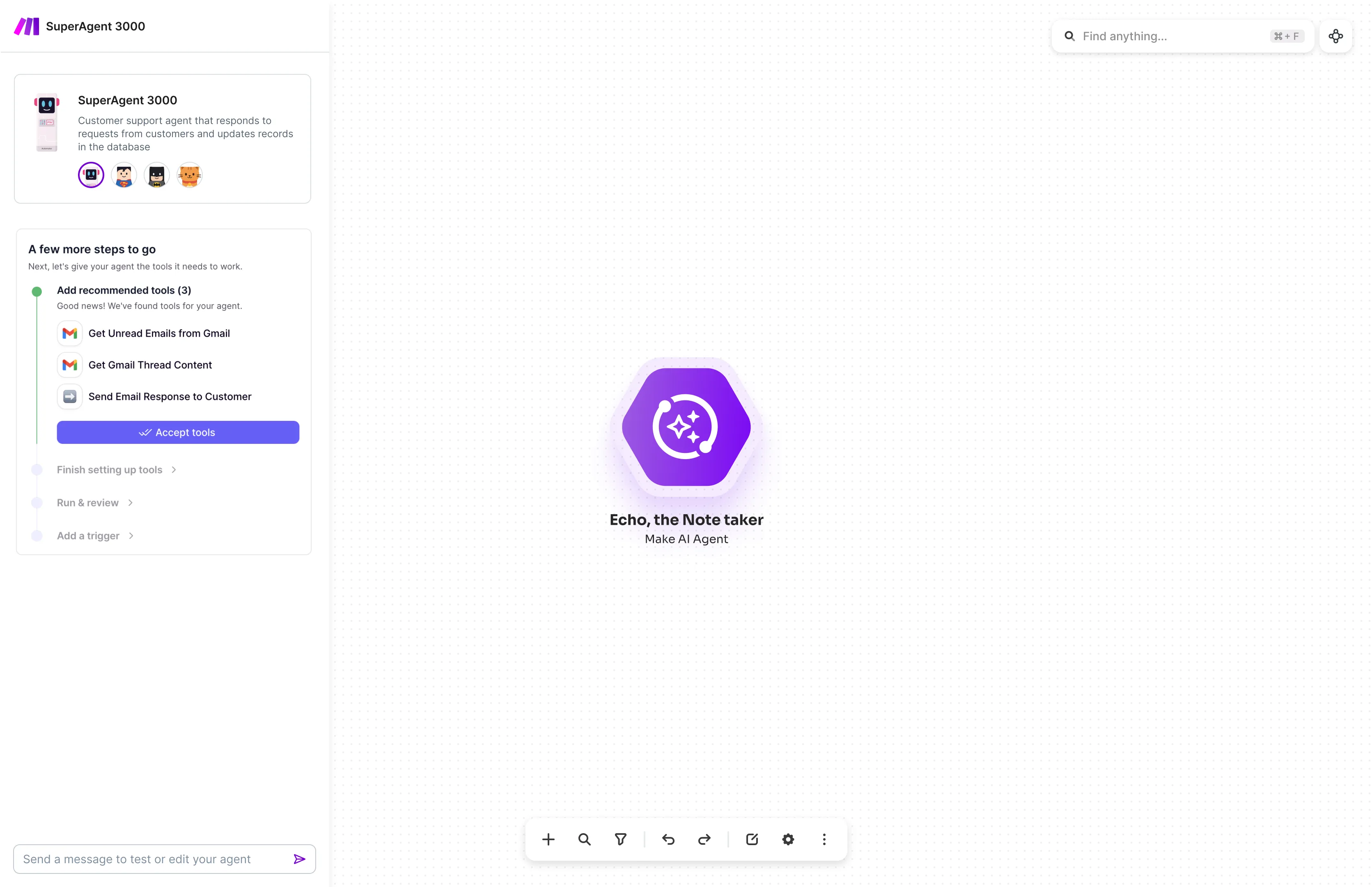 A guided setup concept recommending the tools an agent needs before its first run
