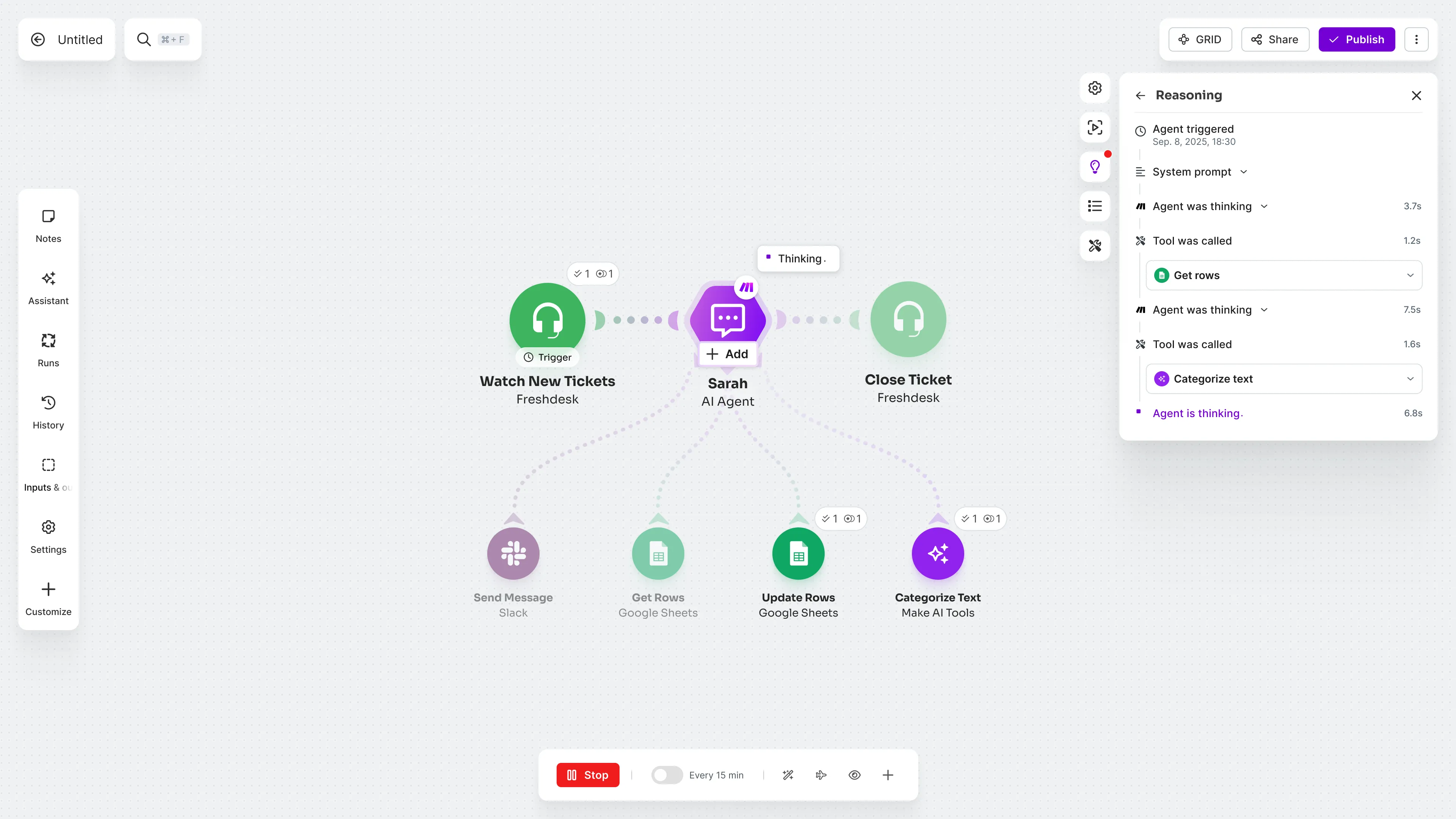 A canvas-native concept showing connected tools, live execution, and the reasoning panel
