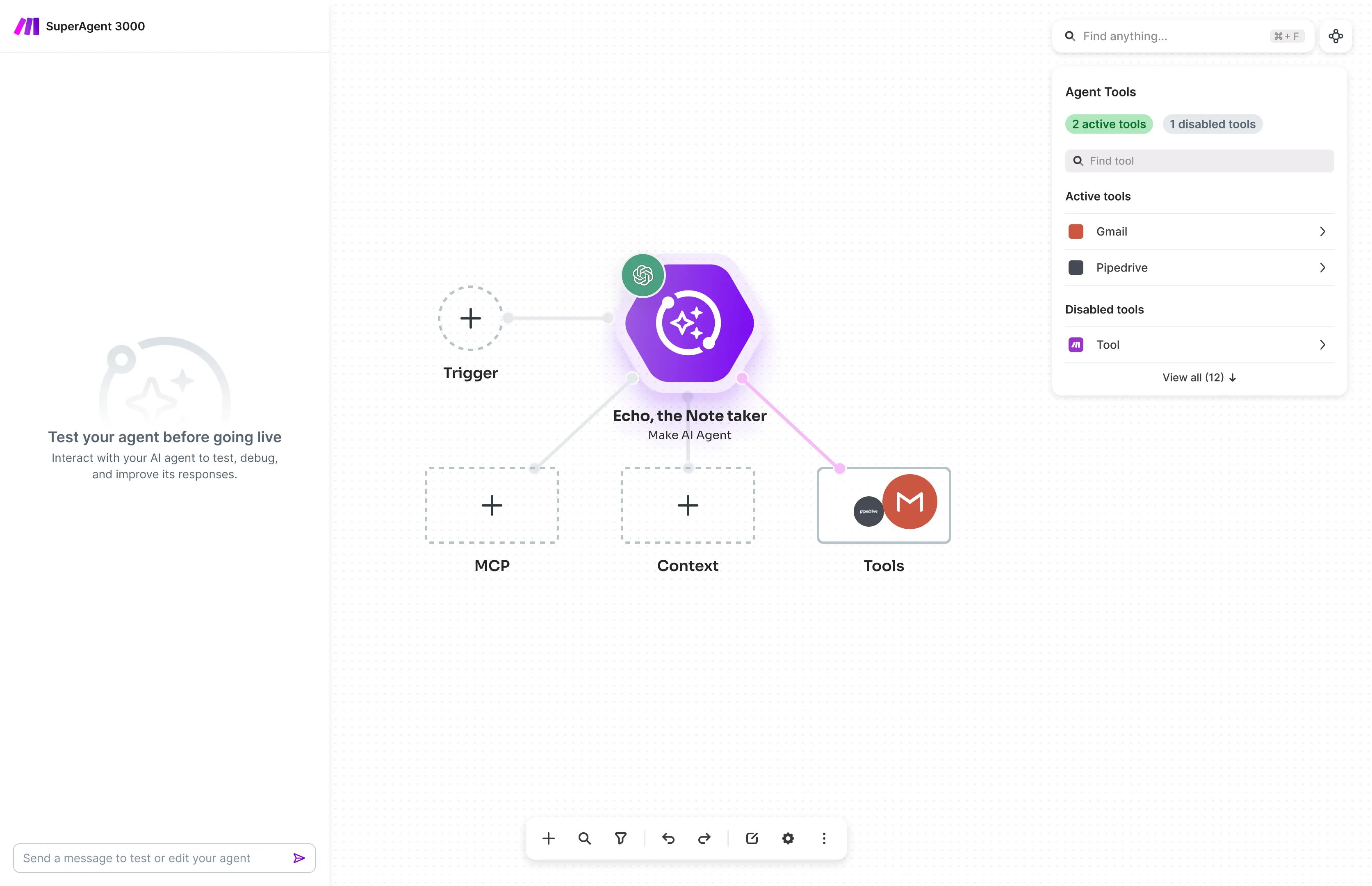 A canvas concept bringing agent testing, context, and tools into one workspace