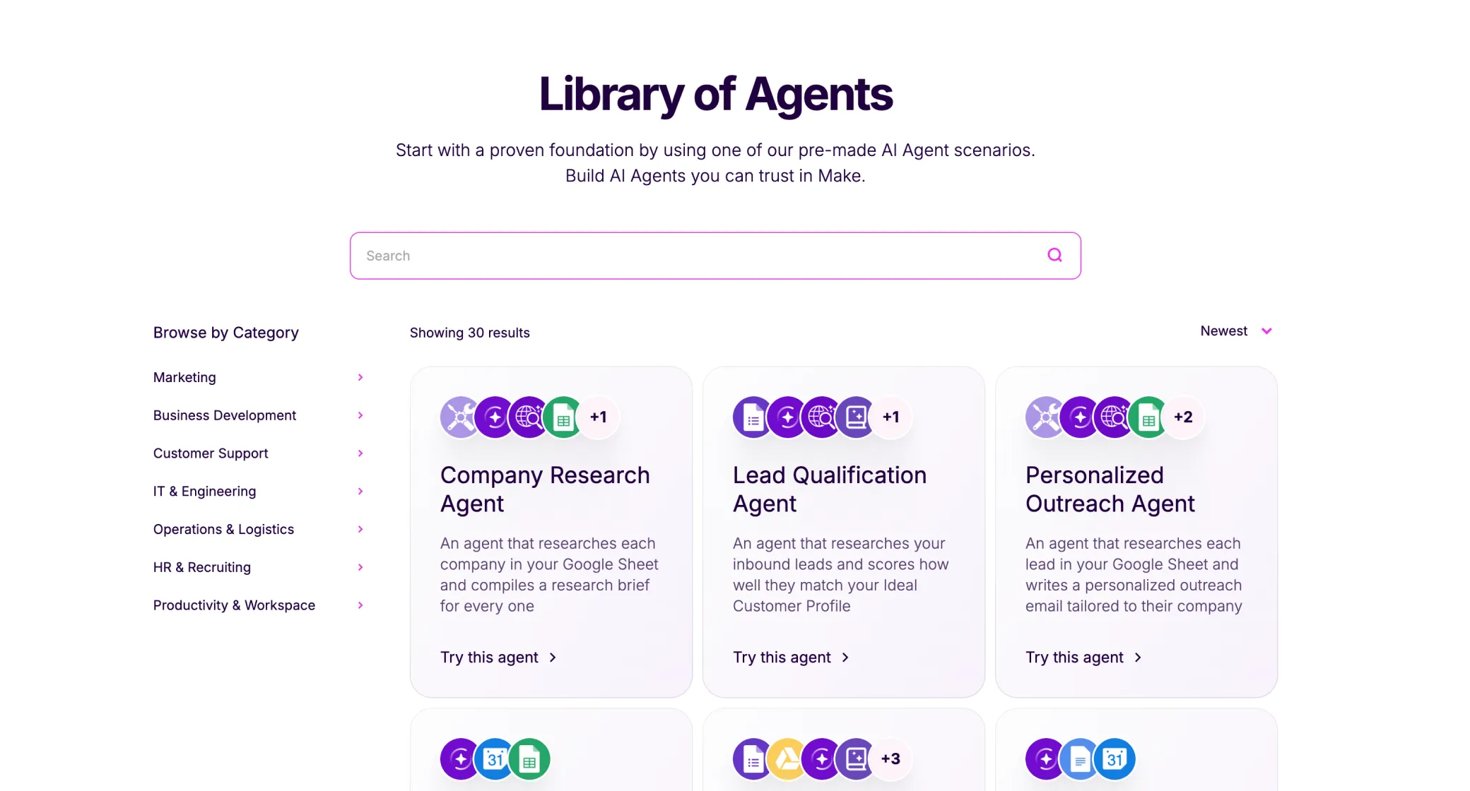 The Library of Agents with search, categories, and curated examples