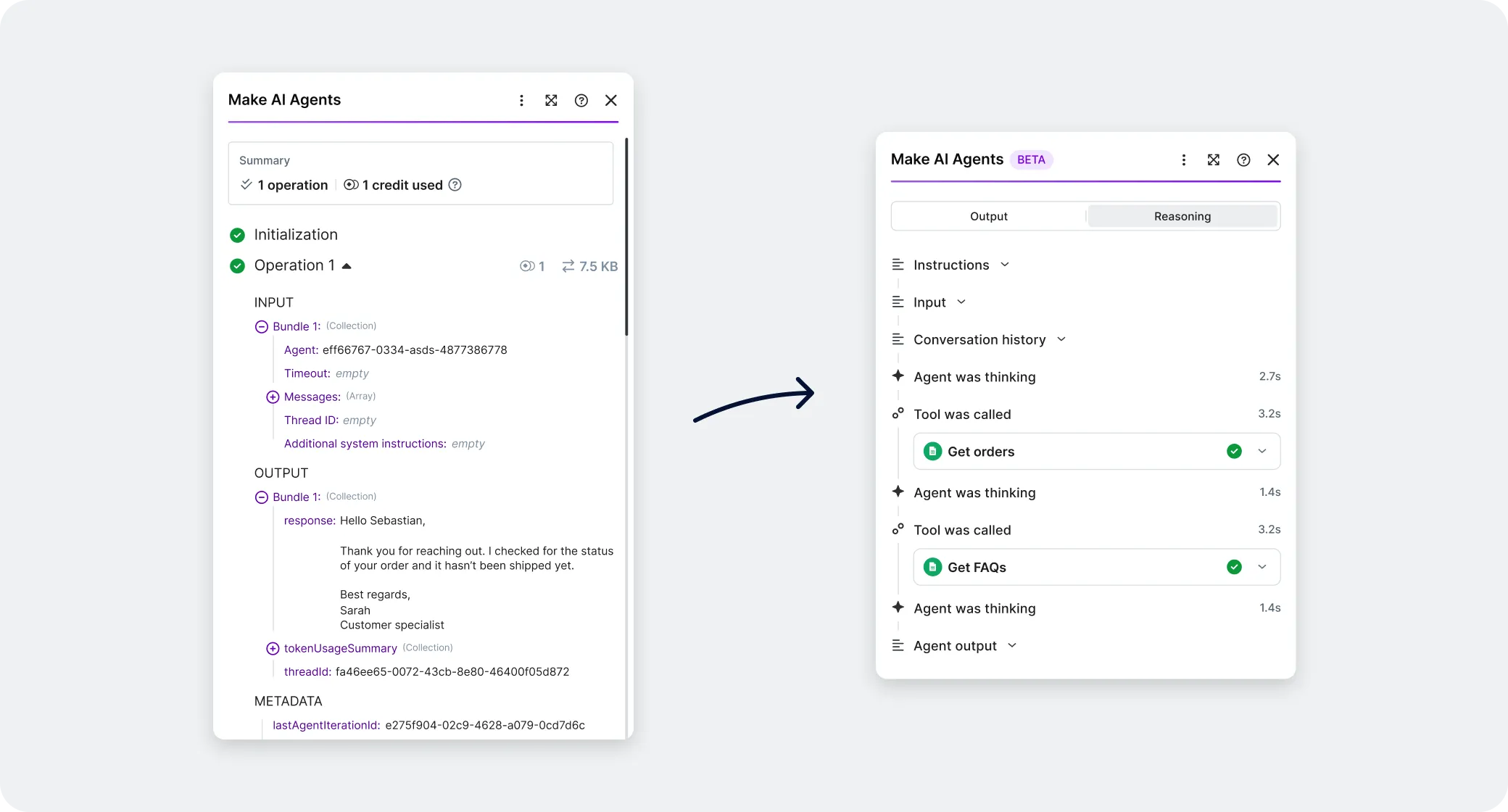 The original output inspector compared with the redesigned reasoning panel