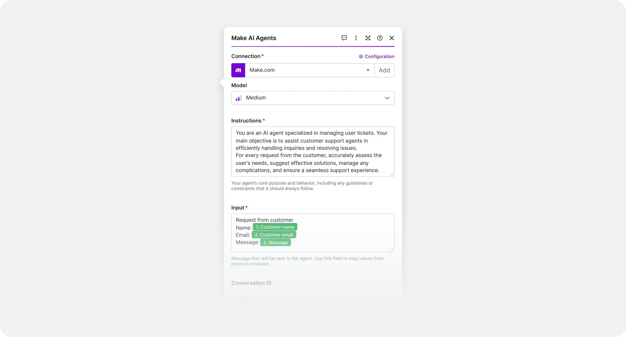 The redesigned agent settings using Instructions, Input, and Conversation ID instead of API terminology