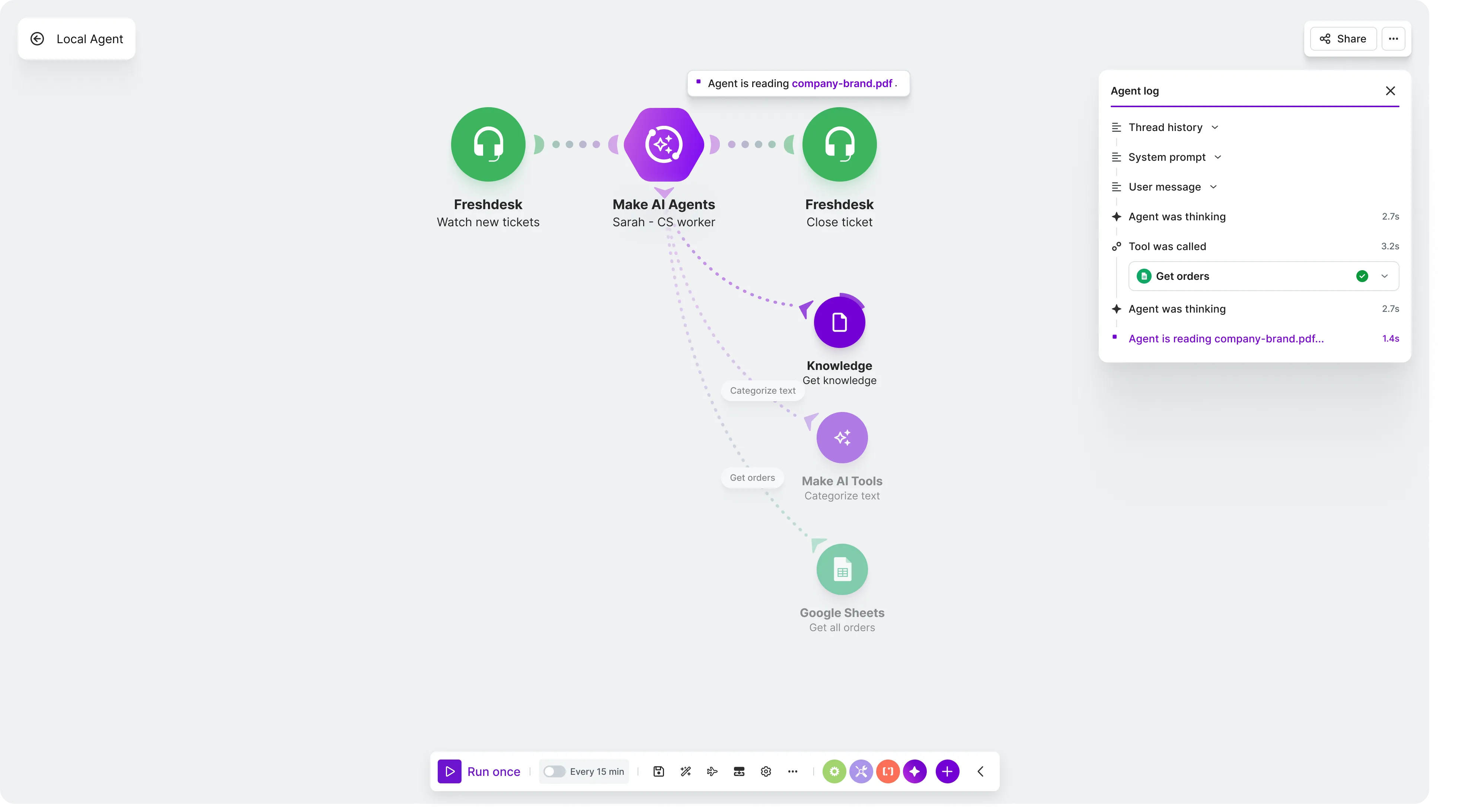 A Make AI Agent running on the scenario canvas with connected tools, live activity, and the agent log open
