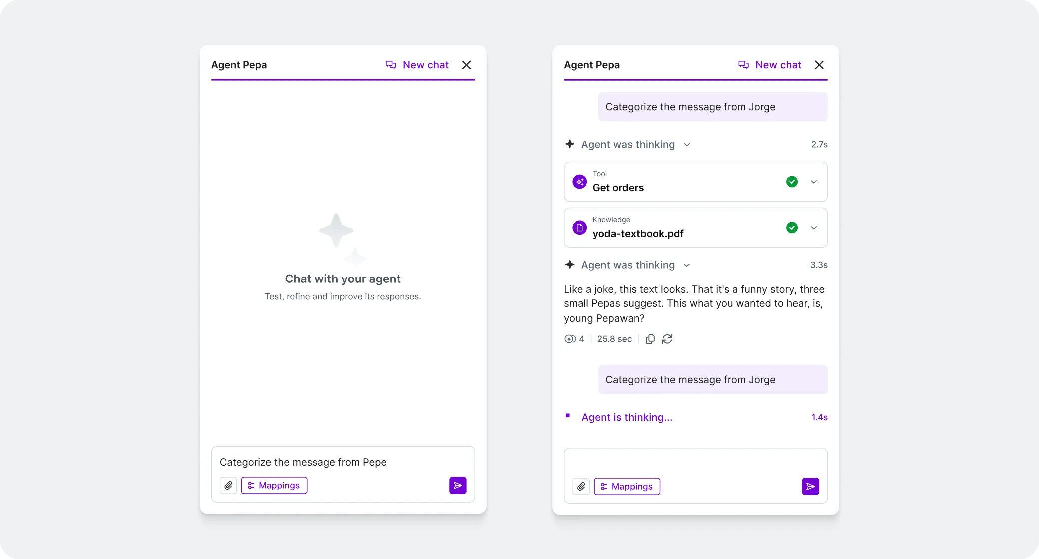 The in-canvas testing chat from an empty prompt to a live agent run