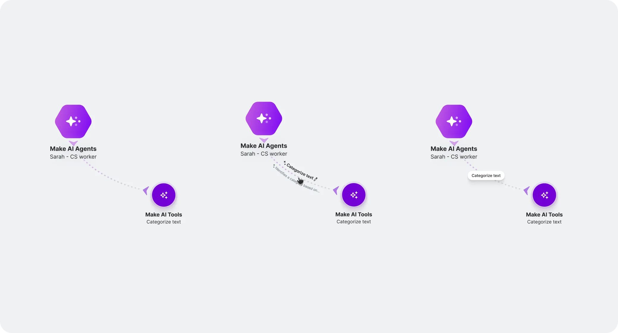 Three states showing how a tool name and description are progressively revealed