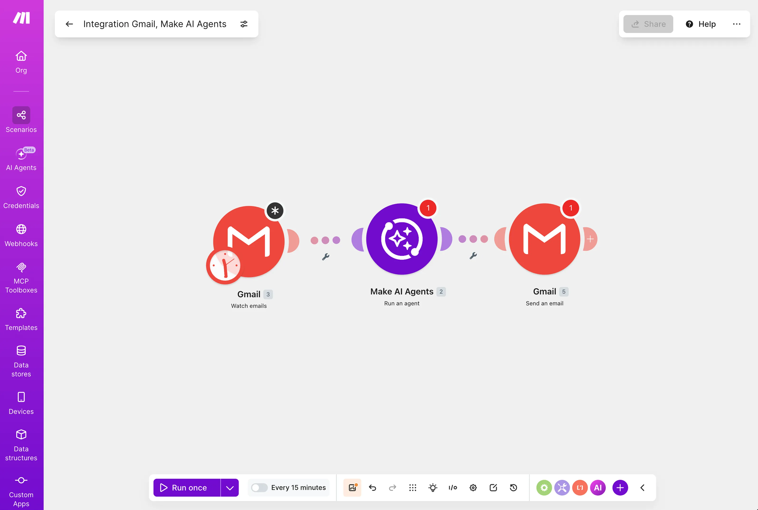 The first Make AI Agent shown as a regular module inside a scenario