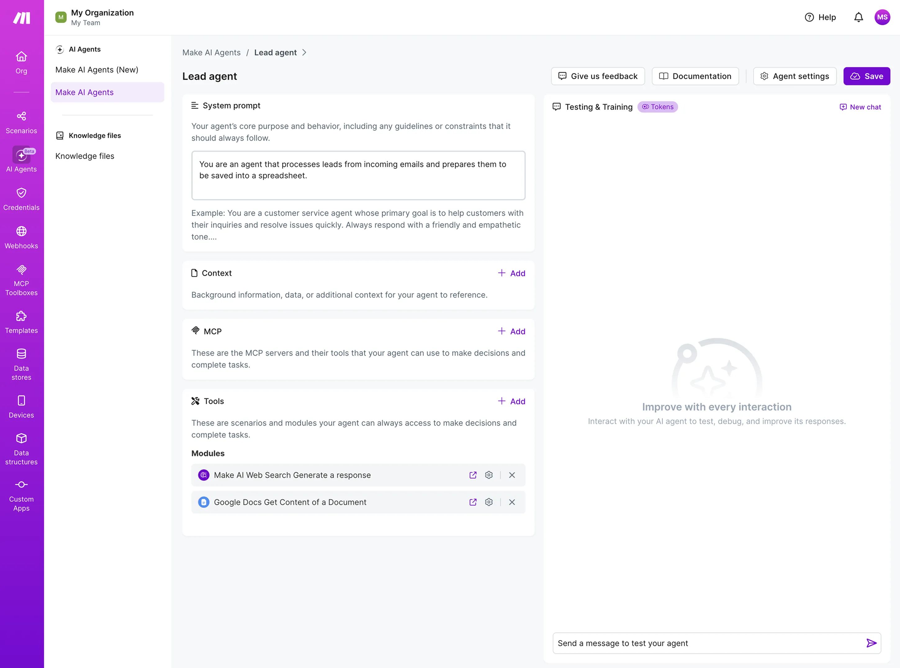 The first Make AI Agent configured in a separate setup area outside the scenario canvas